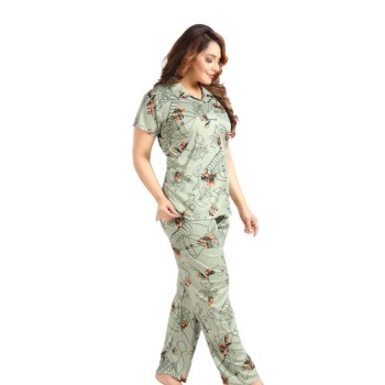 line flower green Short Sleeve Shirt & Pyjama Set | Soft & Breathable Sleepwear for Ladies