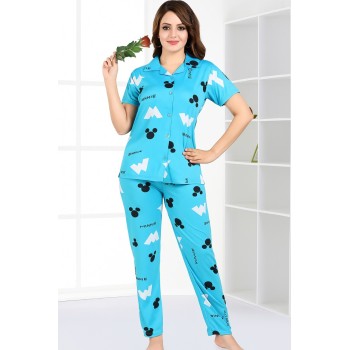  Blue Minnie  Printed Cotton Night Suit Set | Short Sleeve Shirt & Pyjama | Soft and Comfortable Sleepwear for Ladies