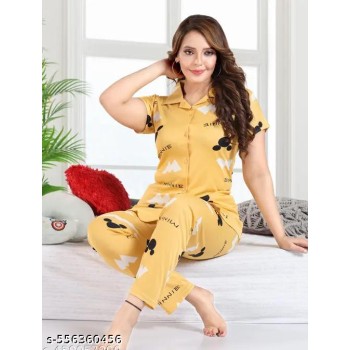  Minnie Yellow Cotton Printed Night Suit Set | Soft Short Sleeve Shirt & Pyjama | Comfortable Sleepwear for Ladies