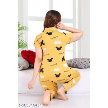  Minnie Yellow Cotton Printed Night Suit Set | Soft Short Sleeve Shirt & Pyjama | Comfortable Sleepwear for Ladies