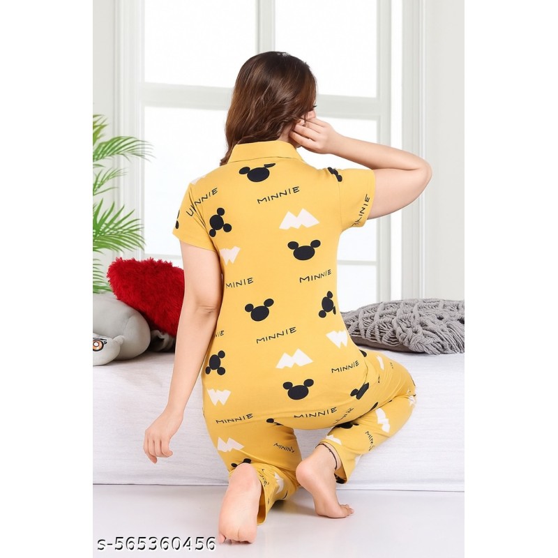  Minnie Yellow Cotton Printed Night Suit Set | Soft Short Sleeve Shirt & Pyjama | Comfortable Sleepwear for Ladies