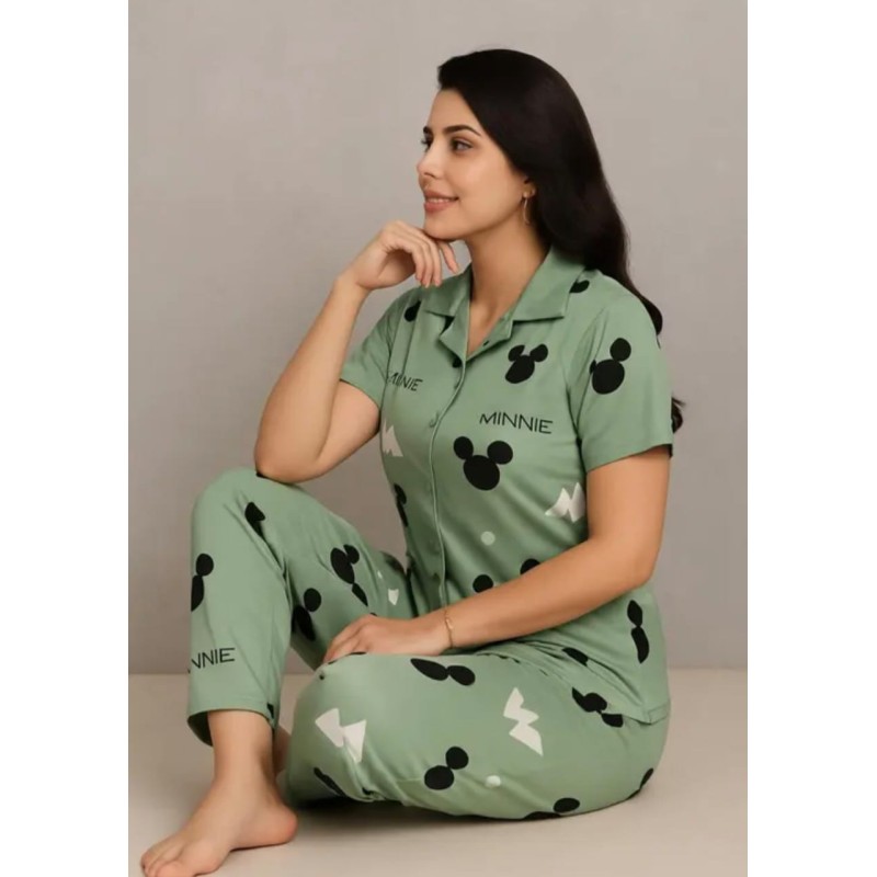 Green Minnie Cotton Printed Night Suit Set  Short Sleeve Shirt and Pyjama  Soft and Comfortable Sleepwear for Ladies