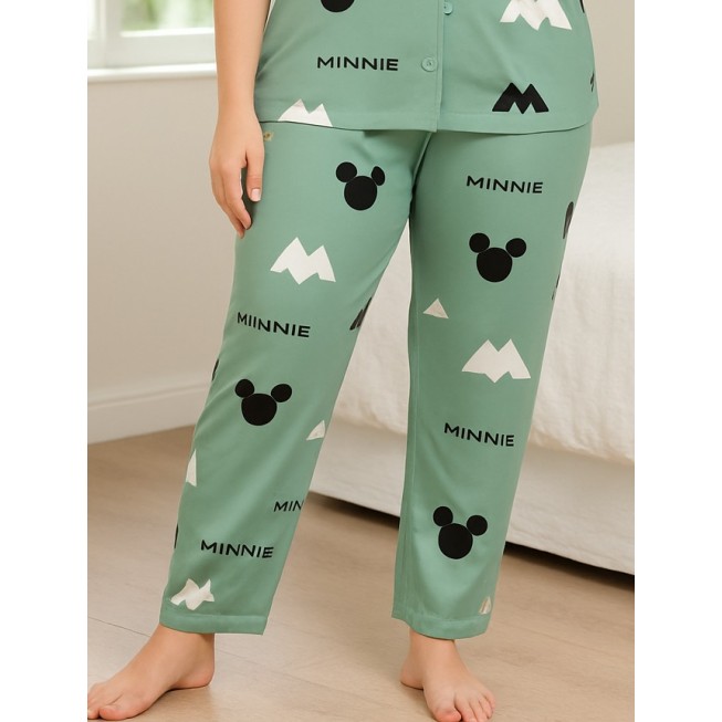Green Minnie Cotton Printed Night Suit Set  Short Sleeve Shirt and Pyjama  Soft and Comfortable Sleepwear for Ladies