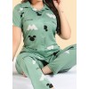 Green Minnie Cotton Printed Night Suit Set  Short Sleeve Shirt and Pyjama  Soft and Comfortable Sleepwear for Ladies