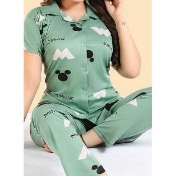 Green Minnie Cotton Printed Night Suit Set  Short Sleeve Shirt and Pyjama  Soft and Comfortable Sleepwear for Ladies
