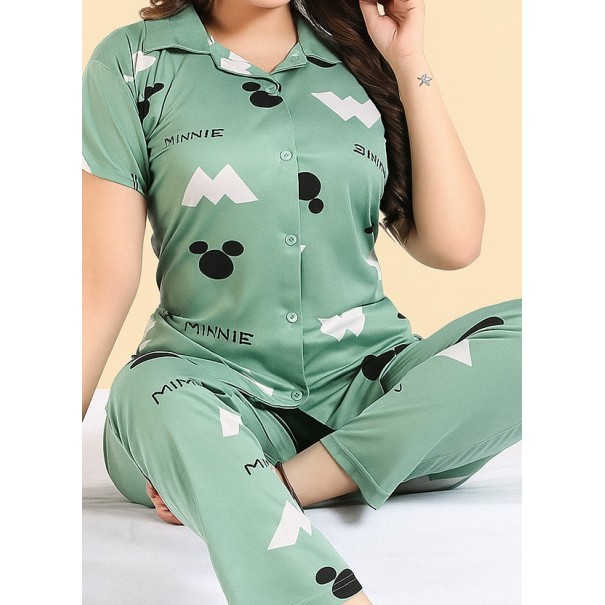 Green Minnie Cotton Printed Night Suit Set  Short Sleeve Shirt and Pyjama  Soft and Comfortable Sleepwear for Ladies