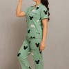 Green Minnie Cotton Printed Night Suit Set  Short Sleeve Shirt and Pyjama  Soft and Comfortable Sleepwear for Ladies