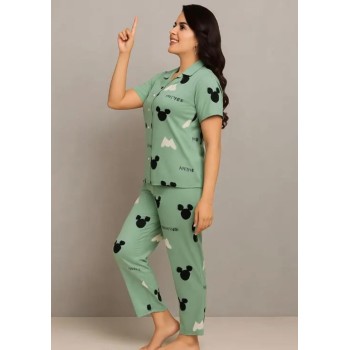 Green Minnie Cotton Printed Night Suit Set  Short Sleeve Shirt and Pyjama  Soft and Comfortable Sleepwear for Ladies