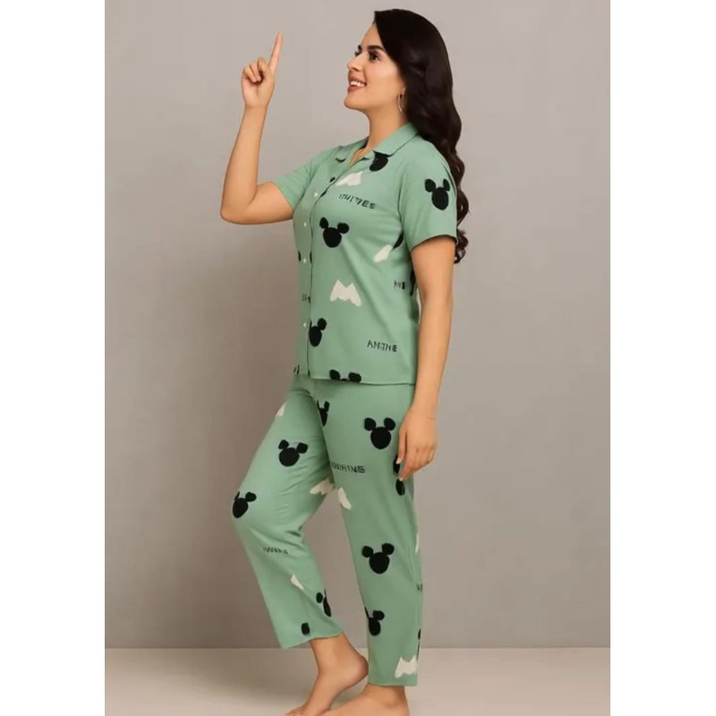 Green Minnie Cotton Printed Night Suit Set  Short Sleeve Shirt and Pyjama  Soft and Comfortable Sleepwear for Ladies