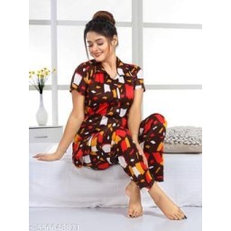 Box Maroon Cotton Night Suit Set | Half Sleeve Shirt & Pyjama | Soft & Comfortable Sleepwear for Ladies