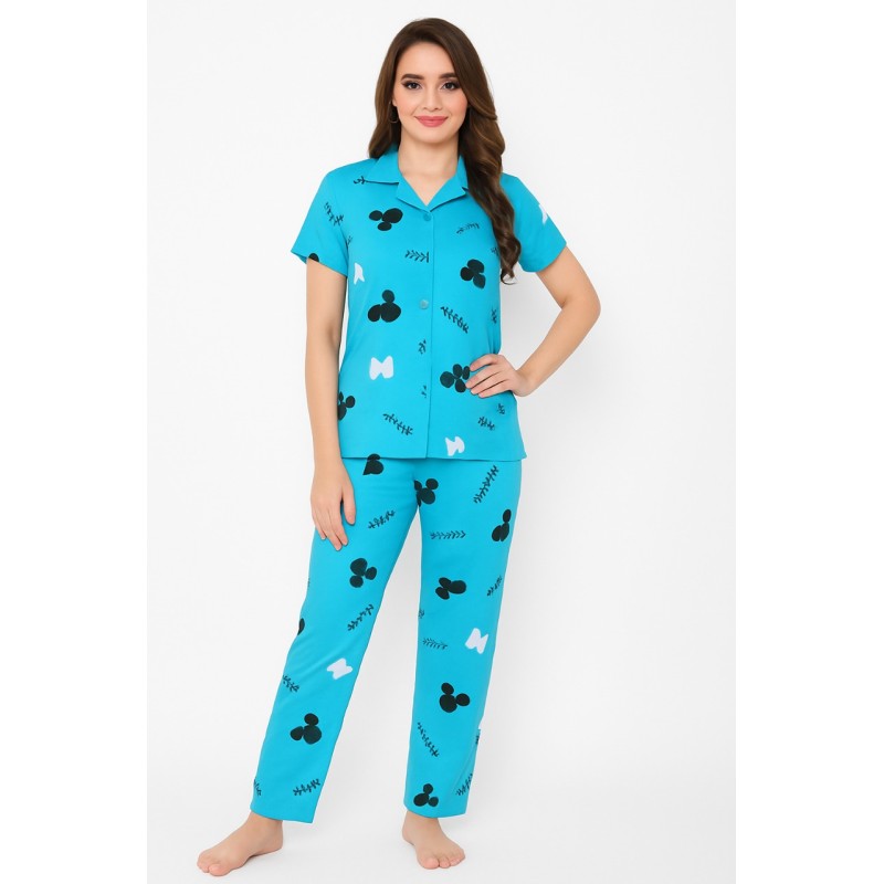  Blue Minnie  Printed Cotton Night Suit Set | Short Sleeve Shirt & Pyjama | Soft and Comfortable Sleepwear for Ladies