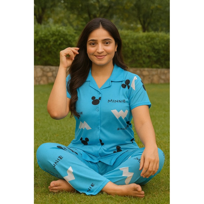  Blue Minnie  Printed Cotton Night Suit Set | Short Sleeve Shirt & Pyjama | Soft and Comfortable Sleepwear for Ladies