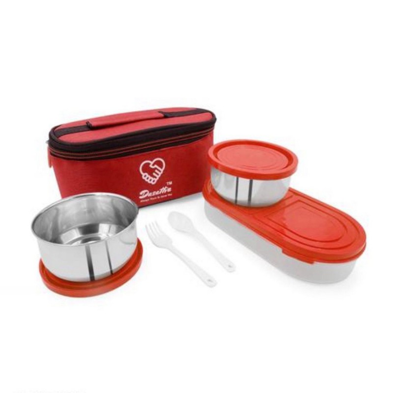 3-Container Stainless Steel & Plastic Lunch Box Set with Red Insulated Carry Bag | Airtight Tiffin Combo (3G) 3-Container Stainless Steel & Plastic Lunch Box Set with Red Insulated Carry Bag | Airtight Tiffin Combo (3G)
