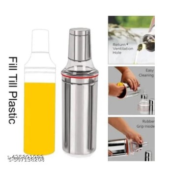 Stainless Steel Oil Dispenser Bottle with Transparent Nozzle – Leak-Proof Kitchen Oil Pourer for Cooking, Frying & Baking – Easy Flow Control and Spill-Free Design (Silver, 1000ml Approx)
