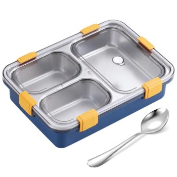 GRANSI 3 Compartment Stainless Steel Lunch Box, Leakage Proof Lunch Box for School Kids and Adults Pack of 1 Blue,750ML