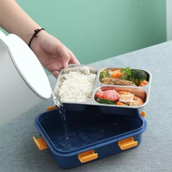 GRANSI 3 Compartment Stainless Steel Lunch Box, Leakage Proof Lunch Box for School Kids and Adults Pack of 1 Blue,750ML
