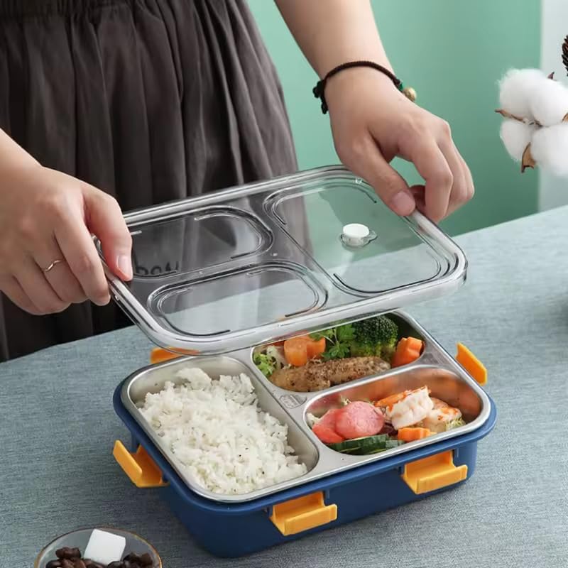 GRANSI 3 Compartment Stainless Steel Lunch Box, Leakage Proof Lunch Box for School Kids and Adults Pack of 1 Blue,750ML