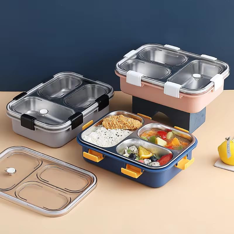 GRANSI 3 Compartment Stainless Steel Lunch Box, Leakage Proof Lunch Box for School Kids and Adults Pack of 1 Blue,750ML