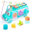 GRANSI Plastic Musical Happy Bus Toy Baby Toys 6-18 Months with Xylophone & Shape Sorter Push & Pull Educational and Learning Toys for 1 2 3 4 5 Year Old Gift for Toddlers-Blue