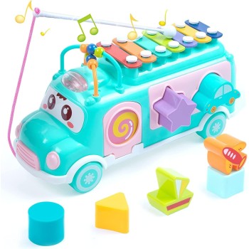 GRANSI Plastic Musical Happy Bus Toy Baby Toys 6-18 Months with Xylophone & Shape Sorter Push & Pull Educational and Learning Toys for 1 2 3 4 5 Year Old Gift for Toddlers-Blue
