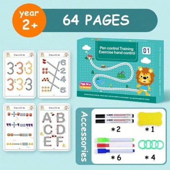 GRANSI 64 Pages Magical Tracing Workbook Set, Hand Writing Pen Control Training Book For Learning To Write The Alphabets & Numbers, Preschool Educational Reusable Learning Book For Kids