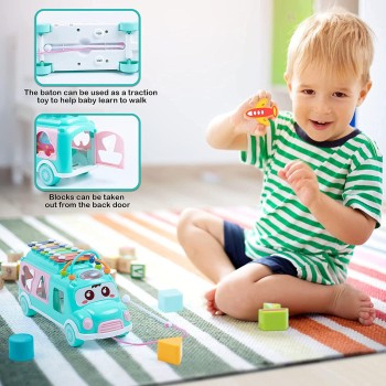 GRANSI Plastic Musical Happy Bus Toy Baby Toys 6-18 Months with Xylophone & Shape Sorter Push & Pull Educational and Learning Toys for 1 2 3 4 5 Year Old Gift for Toddlers-Blue