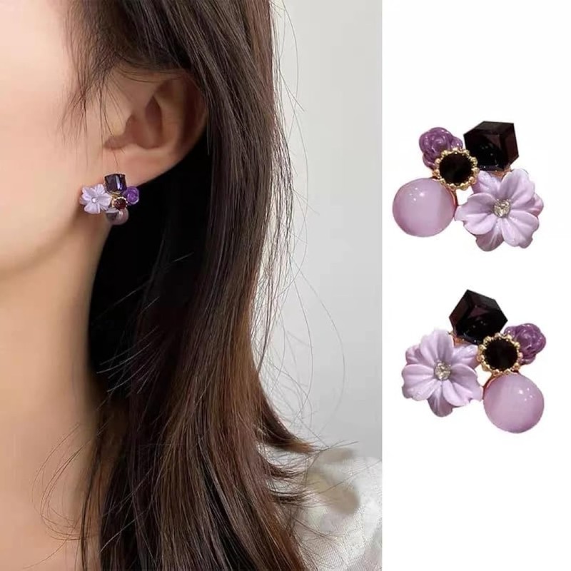 Purple Crystal Flower Stud Earrings for Women and  Girls  Small Square Crystal Design