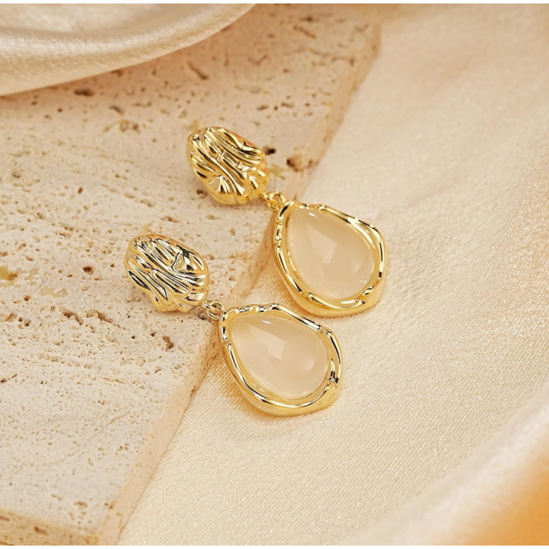 Golden Moonstone Opal Droplet Earrings – Elegant Drop Earrings for Women