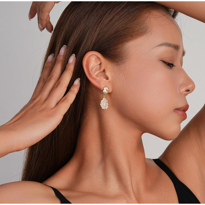 Golden Moonstone Opal Droplet Earrings – Elegant Drop Earrings for Women