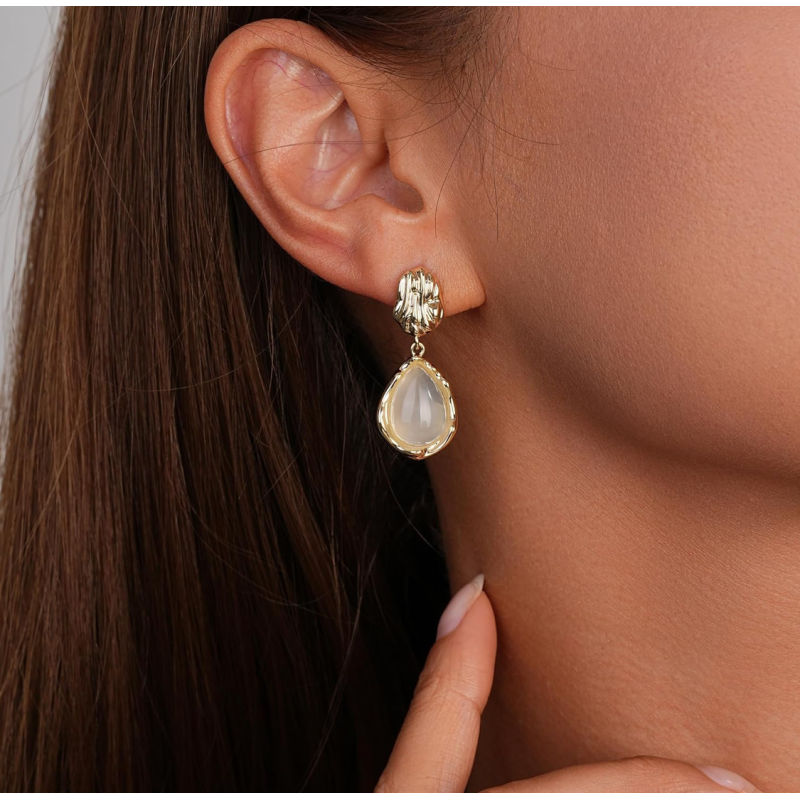 Golden Moonstone Opal Droplet Earrings – Elegant Drop Earrings for Women