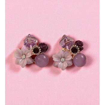 Purple Crystal Flower Stud Earrings for Women and  Girls  Small Square Crystal Design