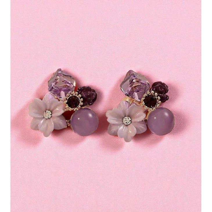 Purple Crystal Flower Stud Earrings for Women and  Girls  Small Square Crystal Design