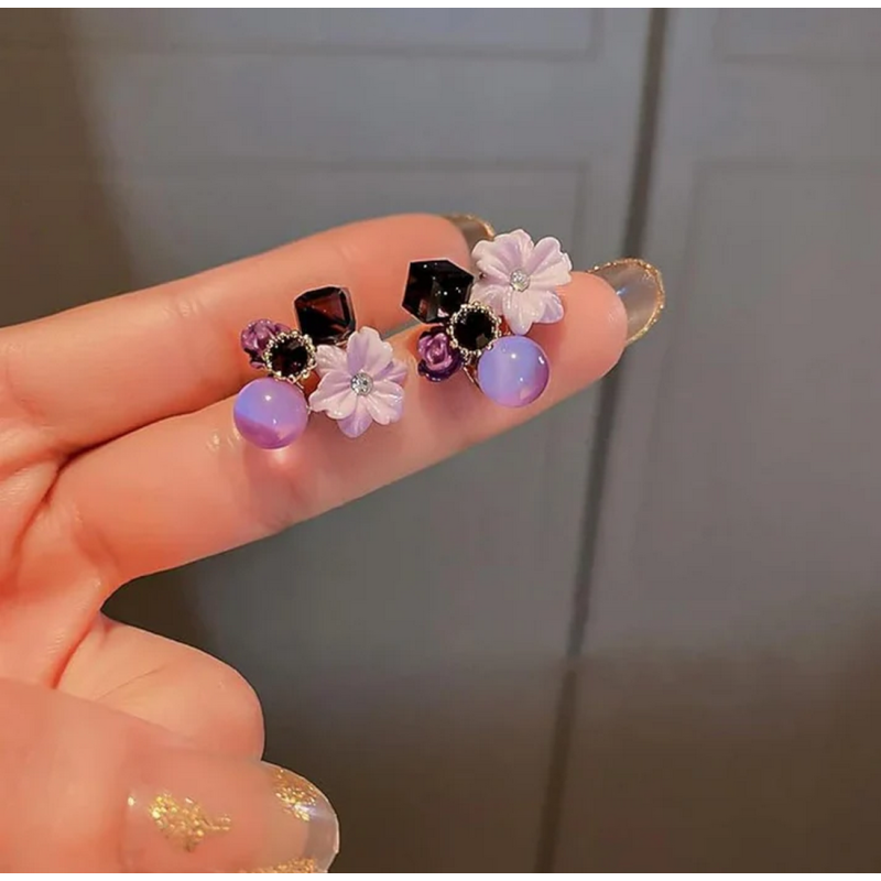 Purple Crystal Flower Stud Earrings for Women and  Girls  Small Square Crystal Design