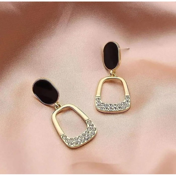 Luxury Black & Gold Geometric Drop Earrings with Rhinestone Accents for women, girl 