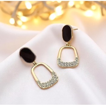 Luxury Black & Gold Geometric Drop Earrings with Rhinestone Accents for women, girl 