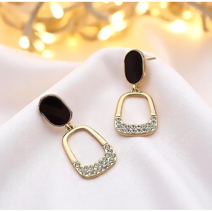 Luxury Black & Gold Geometric Drop Earrings with Rhinestone Accents for women, girl 