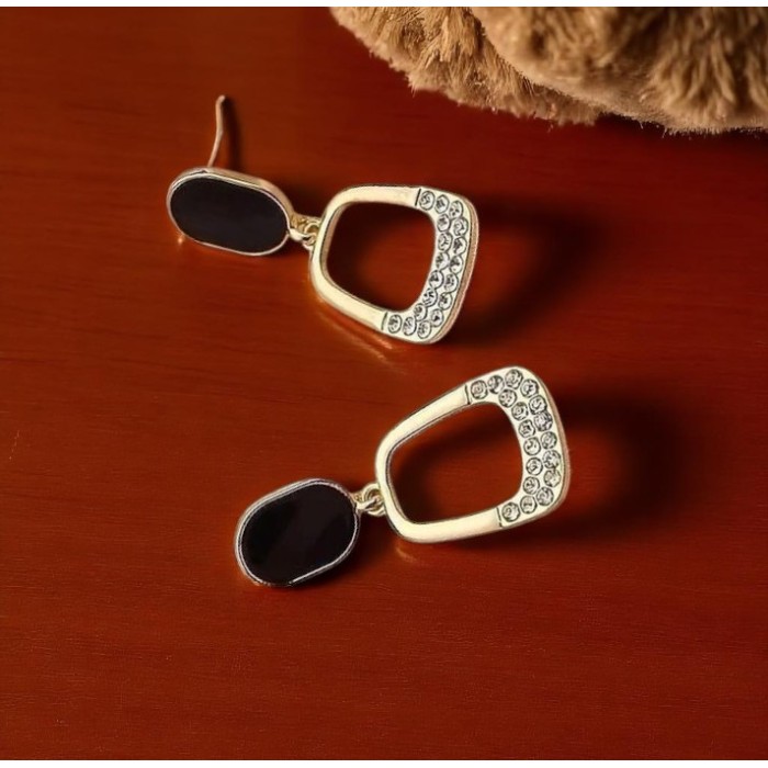 Luxury Black & Gold Geometric Drop Earrings with Rhinestone Accents for women, girl 