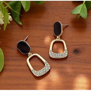 Luxury Black & Gold Geometric Drop Earrings with Rhinestone Accents for women, girl 
