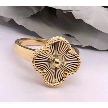 Elegant Gold-Plated Clover Flower Ring for Women – Radiant Sunburst Center Design with Beaded Edge Detailing | Stylish Adjustable Fashion Finger Ring | Chic Statement Jewelry for Daily Wear, Parties & Special Occasions