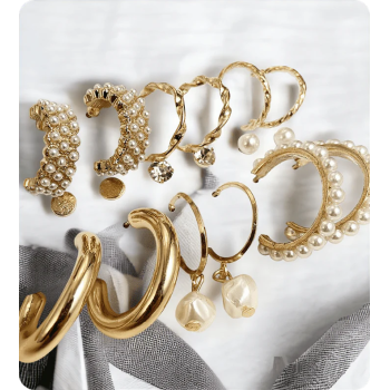Elegant Gold & Pearl Statement Hoop Earring Set – 6 Pairs