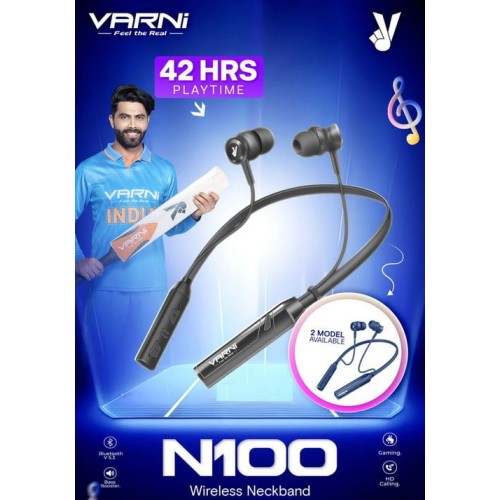 VARNI wireless bluetooth neckband earphone with up to 42hrs plytime gaming, HD calling, bass booster N100