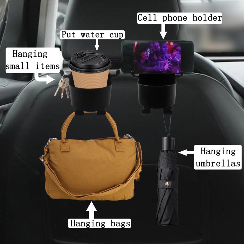 Car Headrest Backseat Organizer – 3 in 1 Cell Phone & Drink Cup Holder with Headrest Hooks, Travel Accessory for Kids and Adults