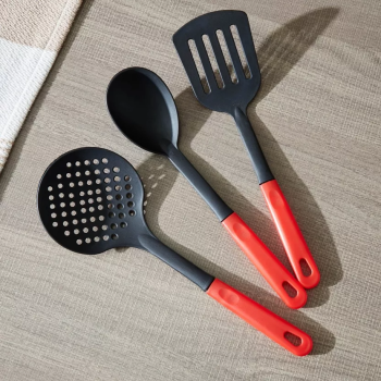 3-Piece Non-Stick Heat-Resistant Kitchen Cooking Spoon Set with Red Handle – Spatula, Skimmer, and Serving Spoon