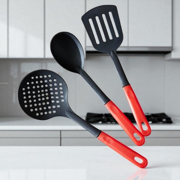 3-Piece Non-Stick Heat-Resistant Kitchen Cooking Spoon Set with Red Handle – Spatula, Skimmer, and Serving Spoon