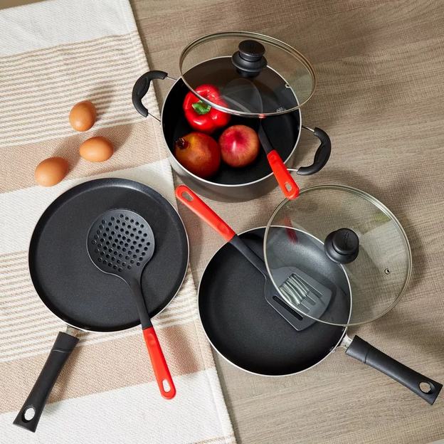 3-Piece Non-Stick Heat-Resistant Kitchen Cooking Spoon Set with Red Handle – Spatula, Skimmer, and Serving Spoon