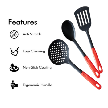 3-Piece Non-Stick Heat-Resistant Kitchen Cooking Spoon Set with Red Handle – Spatula, Skimmer, and Serving Spoon