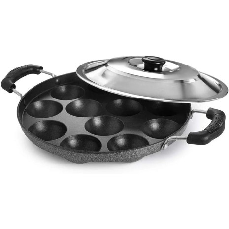 Non-Stick 12 Cavity Appam Patra with Side Handles & Lid – Appam Maker Pan for Gas Stove