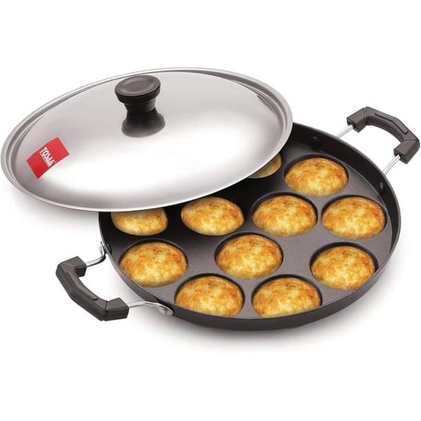 Non-Stick 12 Cavity Appam Patra with Side Handles & Lid – Appam Maker Pan for Gas Stove