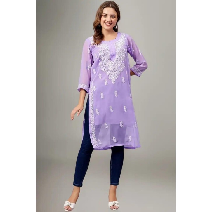 women's Purple Chikankari Embroidered Georgette Kurtawith matching inner – Elegant Ethnic Wear
