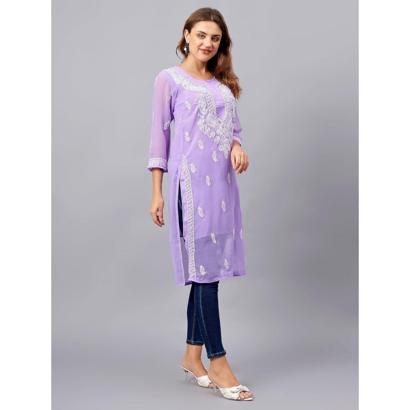 women's Purple Chikankari Embroidered Georgette Kurtawith matching inner – Elegant Ethnic Wear